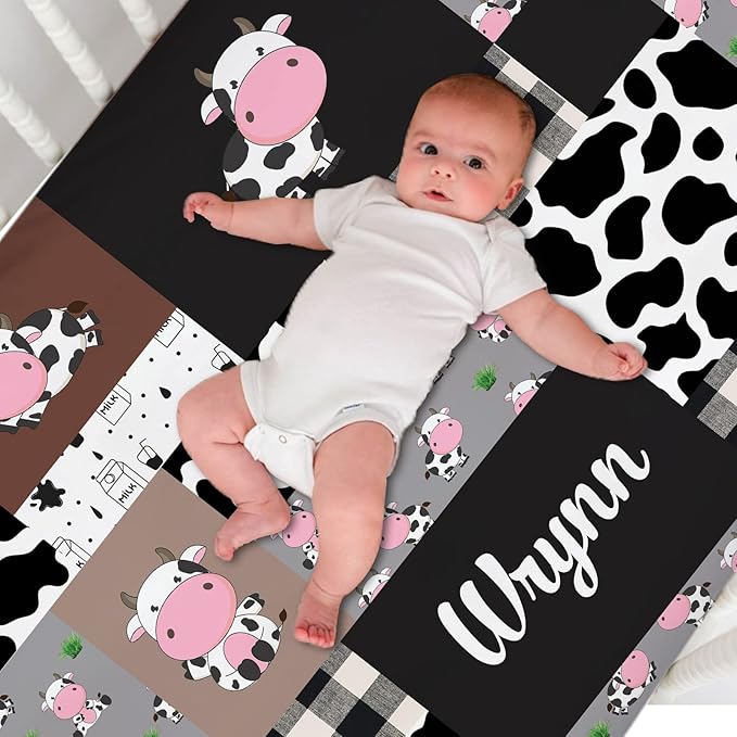 Personalized Pack and Play Sheets with Name, Custom Name Baby Mini Crib Sheets for Baby Boys Girls, Name Pack n Play, Fitted Sheet with Name, Soft and Breathable Material (Cute Cow)