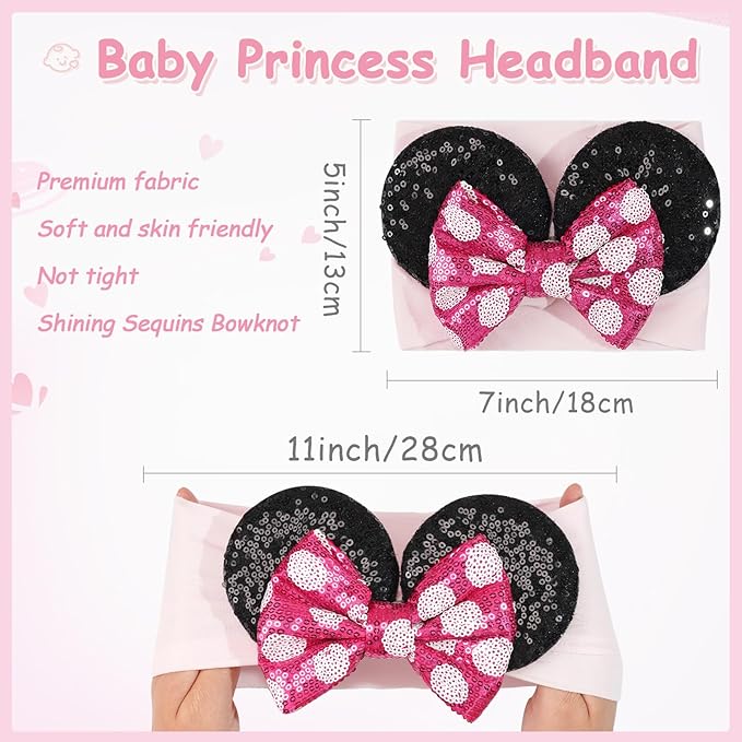 Baby Girl Mouse Ears Headbands with Sequin Bow, Wide Nylon Turban Hairband, Theme Park Headwear, Hair Bow Headband for Toddler, Kids, Party Supplies