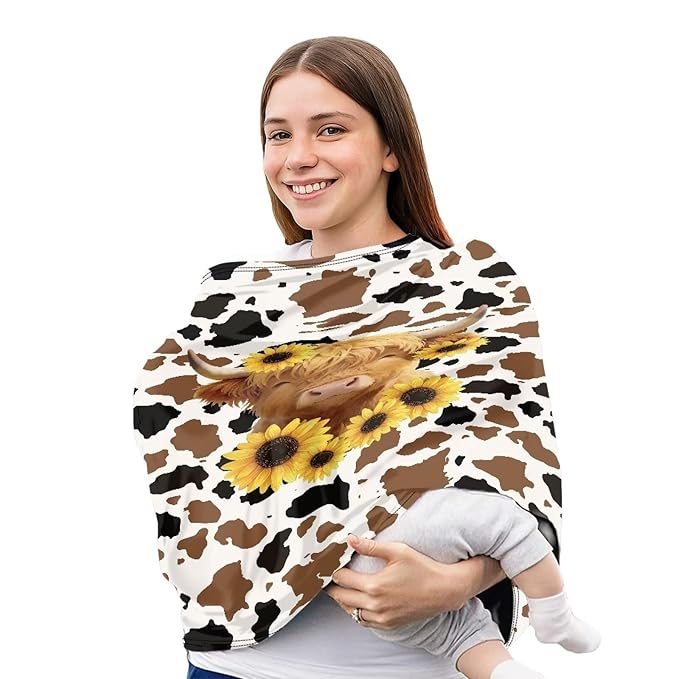 Wanyint Nursing Cover Carseat Canopy Cover Adorable Car Seat Covers for Babies Girls Boys Breathable Nursing Cover for Boys Girls Home Decor, Highland Cow Sunflower Brown Cow Print