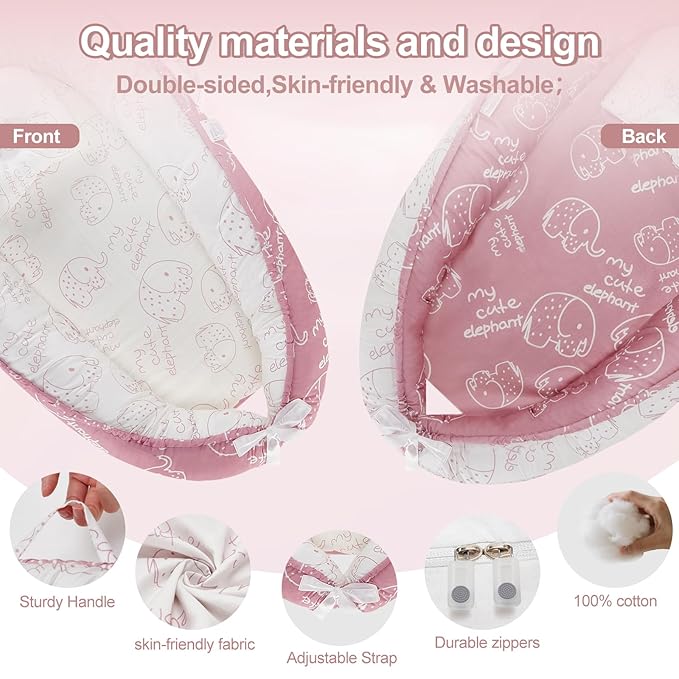 Baby Lounger for Newborn (0-24 Months) - 100% Cotton Baby Nest with Handles, 2-in-1 Play Mat & Diaper Changing Pad, Portable for Home & Travel, Infant Essentials Gifts (Elephant Pink)
