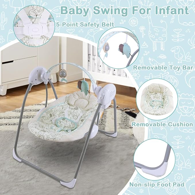 Baby Swing for Infant,Newborn Swing with Music,5 Speed Levels,Timing Setting,Soft Cushion,Foldable Infant Swing for Indoor Outdoor Use 0-9 Months