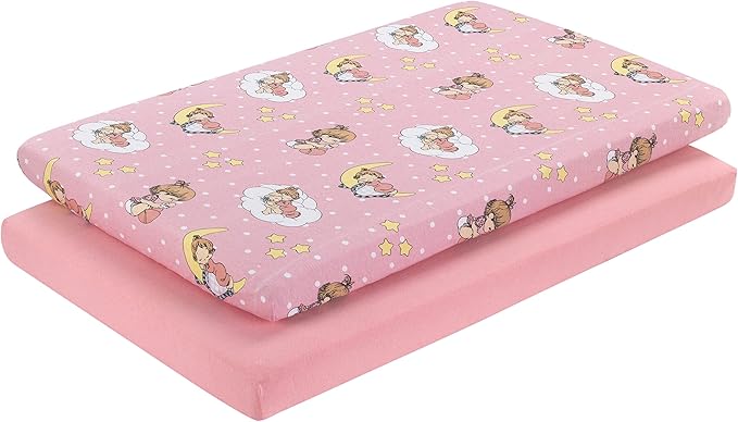 2 Pack n Play Mattress Sheets – 100% Jersey Knit Cotton Soft Portable Crib Mattress Sheet for Girls with Pink and Yellow Precious Moments Design; 2 Pk Playpen Mattress or Mini Crib Fitted Sheet Set