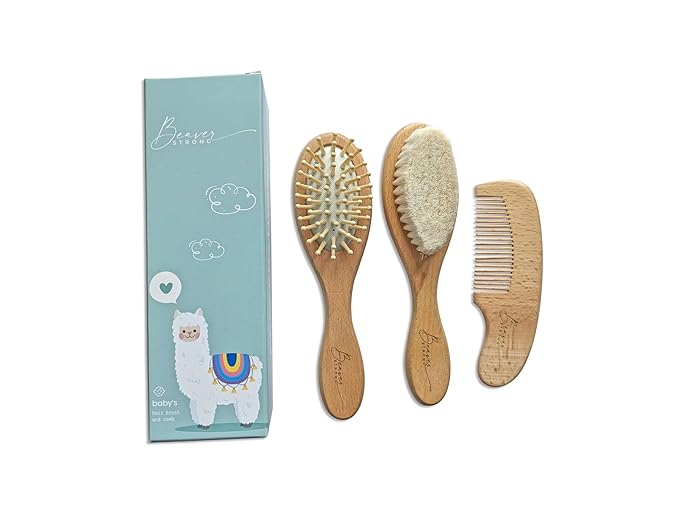 Gentle Care Wooden Baby Hair Brush and Comb Set by BeaverStrong - 2 Brushes and 1 Comb for Newborns - Soft Bristles, Safe and Natural - Perfect for Delicate Infant Hair and Scalp