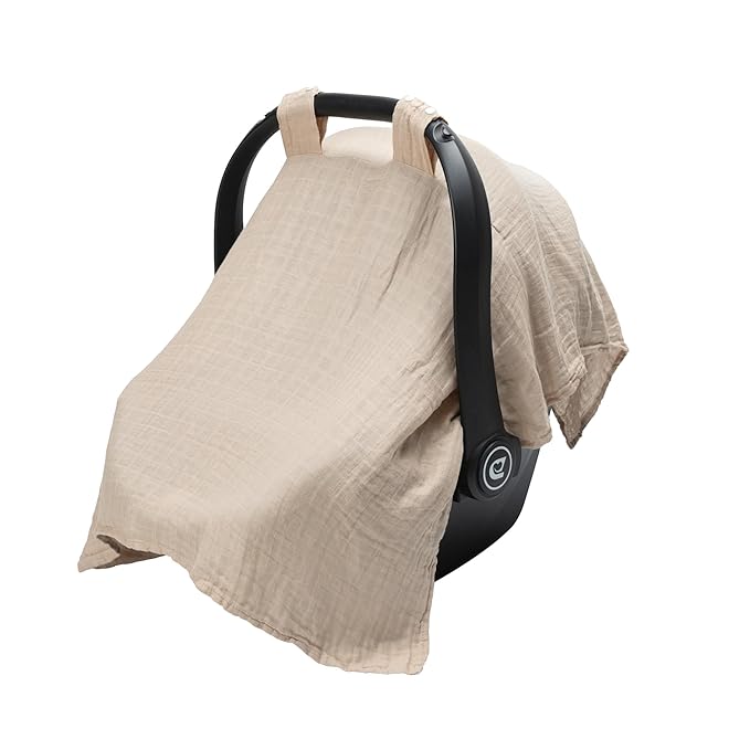 Meracorallo Muslin Baby Car Seat Cover, Lightweight Breathable Soft Infant Carrier Cover Carseat Canopy for Baby Boys and Girls, Beige