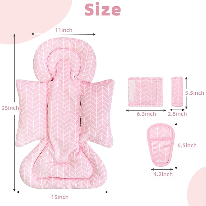 4 in 1 Infant Car Seat Insert, Baby Car Seat Head Body Support for Girls & Boys, Reversible Newborn Car Seat Insert with 3 Extra Strap Paddings, Premature Car Seat Cushion (Stripes Pink)