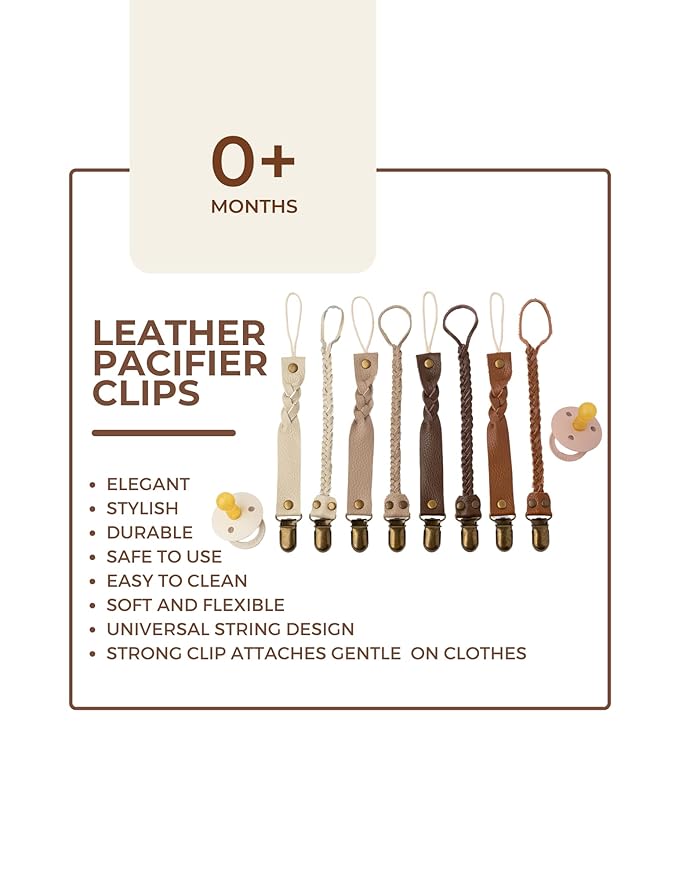 Little Bug Boutique 2-Pack Leather Baby Pacifier Clips - Neutral Pacifier Holders for Baby Girls & Boys, Paci & Binky Clips or Strap for Toys & Teethers (Soft Beige), Pacifier NOT Included