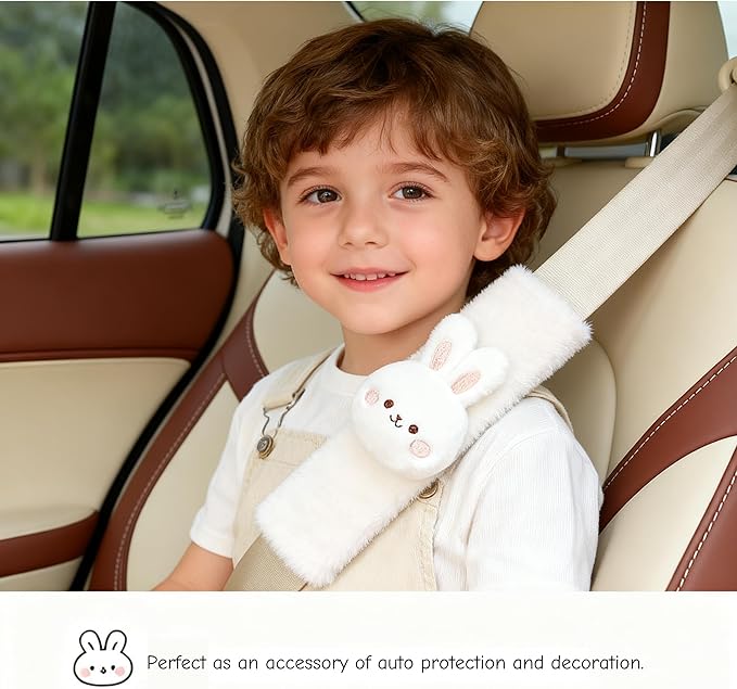 2 PCS Seat Belt Cover Pad, Cute Kawaii Animal Bunny Seatbelt Covers for Kids and Adults, Winter Plush Fluffy Soft Seat Belt Cover, Cartoon Seatbelt Cushion,Car Seat Strap Pads (F-Bunny)