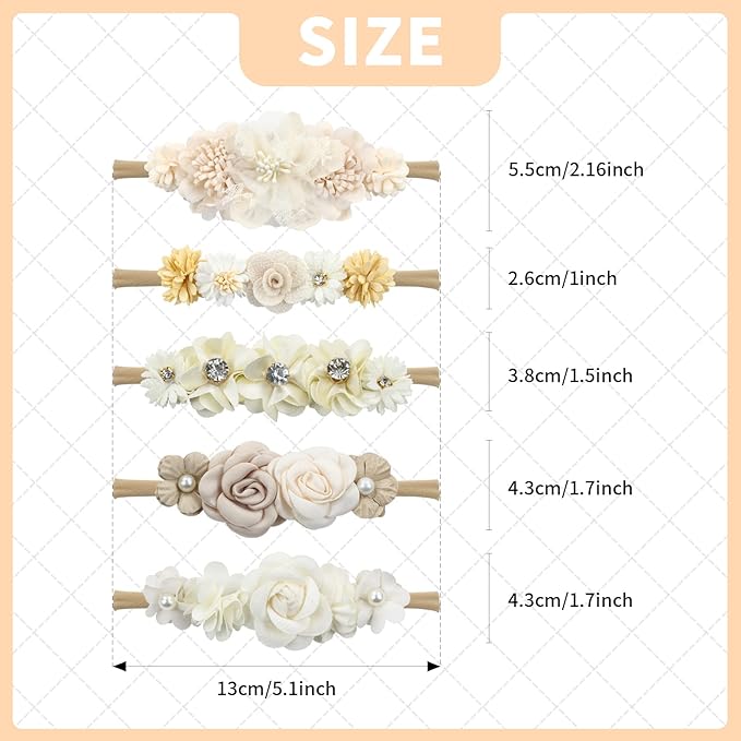 Cinaci 5 Pack Delicate Floral Flower Nylon Headbands Hair Bands Accessories for Baby Girls Newborns Infants Toddlers Kids (5 Pack S7)
