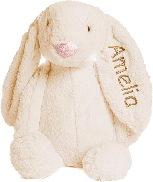Personalized Super Soft Plush Bunny - Stuffed Animal Toy for Kids - Custom Gift with Embroidered Name on Ear for Easter, (Cream, Medium)