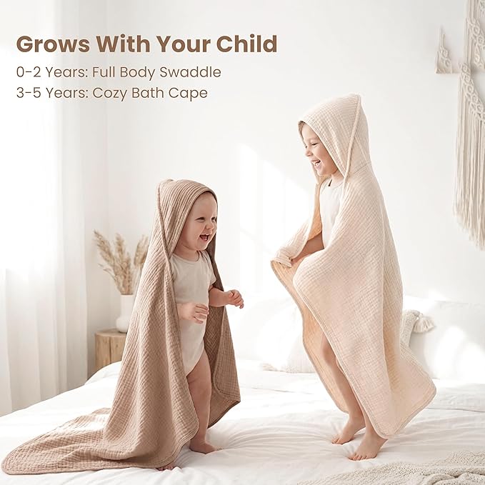 Konssy 2-Pack Muslin Hooded Baby Towels, 100% Cotton, Ultra-Soft & Absorbent Baby Bath Towels with Hood for Newborn & Infant (Cream, Camel,32" x 32")