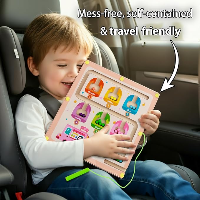 QimuMku Montessori Busy Board for Toddlers 2-4 - Magnetic Color and Number Maze Wooden Ice Cream Matching Game 1-6 Counting Learning Toys for Boys Girls Road Trip Essentials
