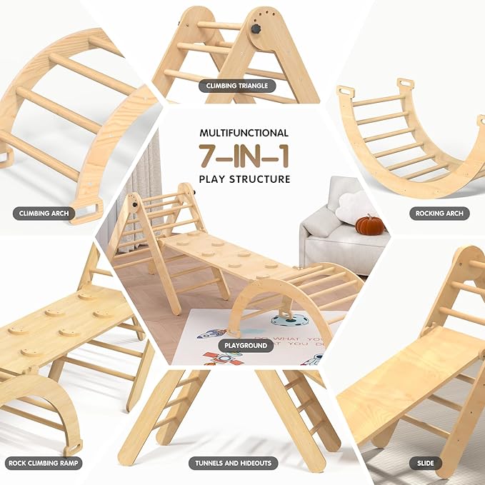 5 in 1 Montessori Pikler Triangle Climbing Set, Large Indoor Foldable Wooden Baby Climbing Gym Climber with Arch Slide for Toddler 1-3