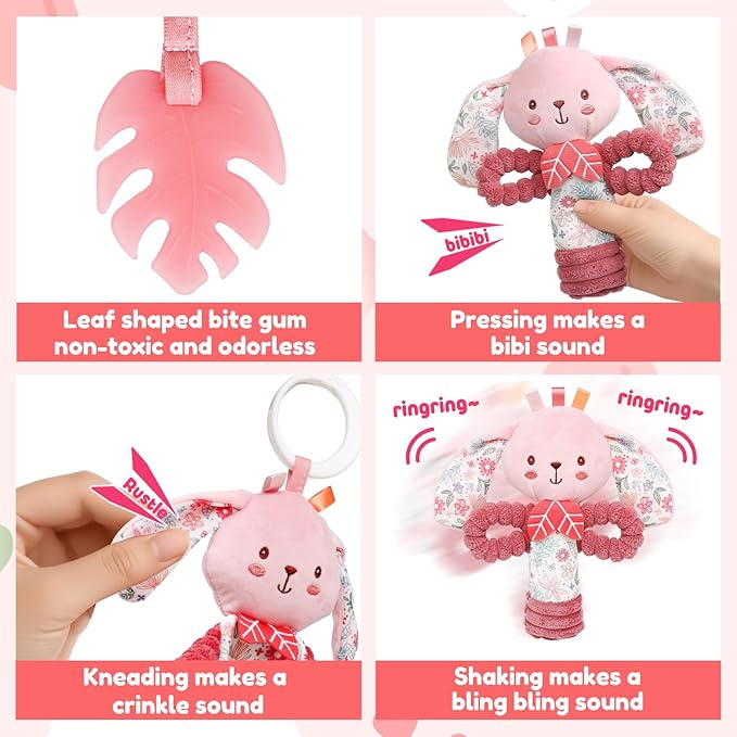 GKDOMS Baby Lovey Rabbit Stuffed Animal for Infant Boys and Girls, Security Blanket and Hand Shaker Set Newborn Stuffed Hanging Animal Plush Snuggle Toy Baby Showers Thank You Gifts