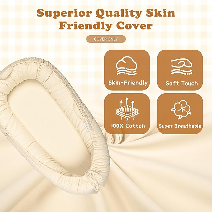 Baby Lounger Cover for Boys and Girls, Beige 100% Cotton Baby Nest Cover, Breathable Replacement Cover for Infant and Newborn Snuggle Me Lounger, Cover Only