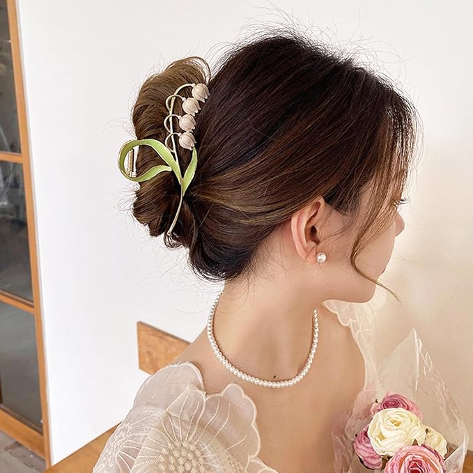 1PC Pink Gold Lily of The Valley Flower Hair Clips, Large Metal Claw Clip,Orchid Clamps,Lily Jaw Clamp Styling Accessories for Thick Thin Clips and Barrettes