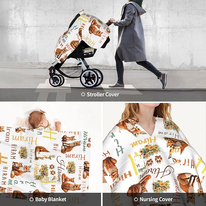 Personalized Cute Fox Baby Car Seat Cover for Girls Boys, Customized Baby Carseats Covers with Name, Custom Monogram Stroller Canopy Nursing Cover Breastfeeding Scarf for Newborn Infant New Mom