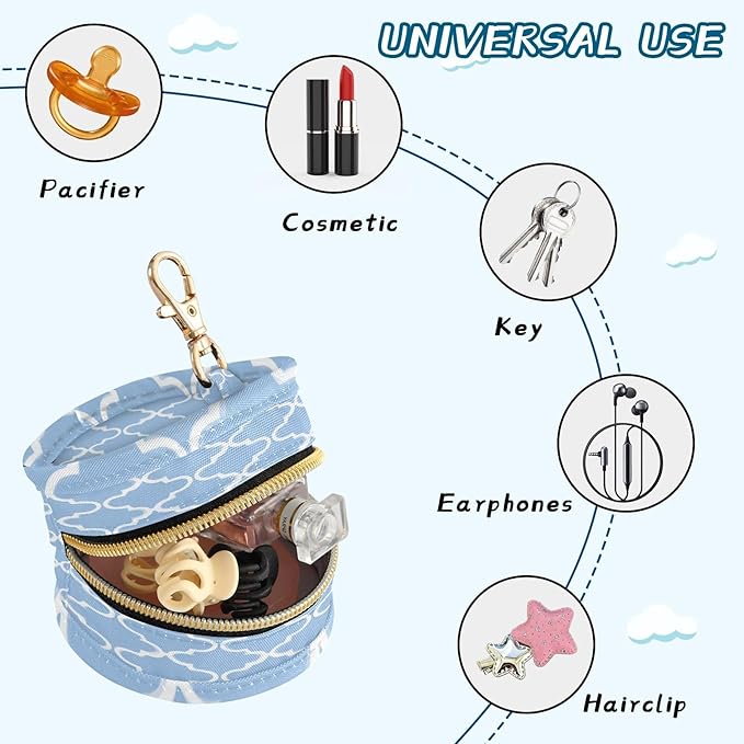 Pacifier Holder with Clip Pacifier Case for Diaper Bag Round Baby Pacifier Pouch Box Bag Portable Blue Cute Quatrefoil