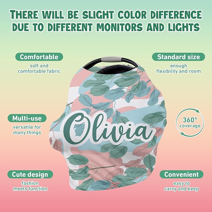 Personalised Car Seat Cover for Babies - Multi-use Carseat Canopy Cover with Name, Car Seat Covers, Christmas Birthday Gifts for Infant Boys and Girls Pink Leaf Print