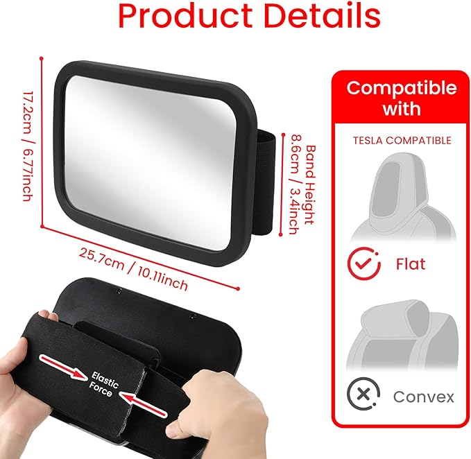 Fixed Headrest Baby Car Mirror, Compatible with Tesla Car Mirror for Baby, 100% Shatterproof & Shake-Proof, Non-Slip with 360° Rotation & Wide View, Easy Install, Perfect (Black)