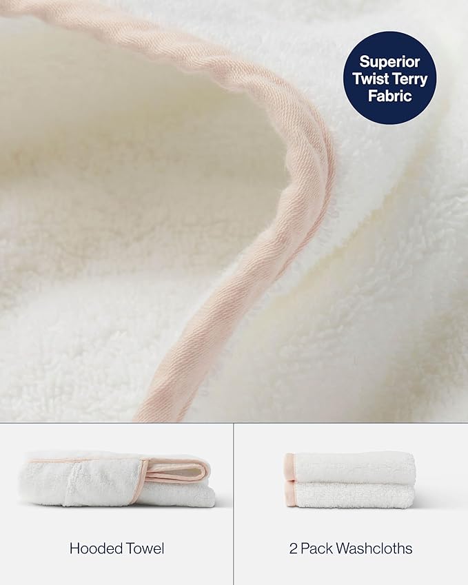 Lalo The Hooded Towel & Washcloth Set, 100% Organic Cotton, Soft on Sensitive Skin, Durable & Absorbent, Machine Washable, Includes One Baby Towel and Two Washcloths - Grapefruit