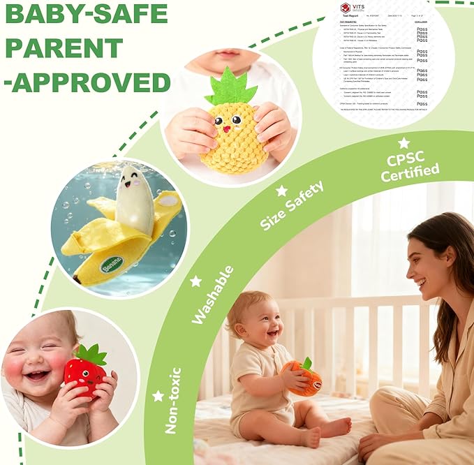 Baby Color Sorting Sensory Toys for 6-12 Months - 17 PCS Fruit Veggie Pretend Play Food Plush Toy for Toddlers 1-3, Montessori Toys for 1 Yeal Old, Boy Girl Birthday Gift Basket Stuffers