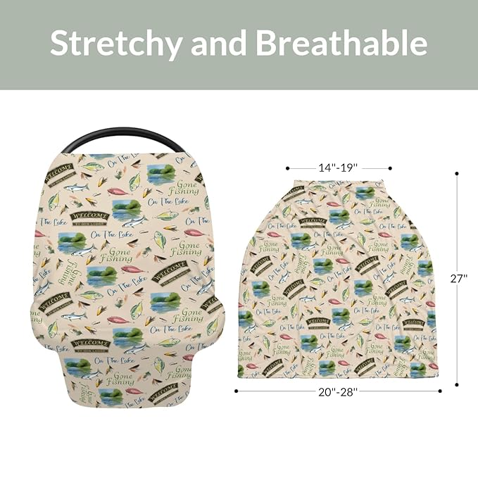 Fishing Baby Car Seats Covers Lake Gone Fishing Stretchy 5-in-1 Cover Adjustable Infant Carseat Canopy Cover Outdoor Hunting Camping Breathable Nursing Cover-Up