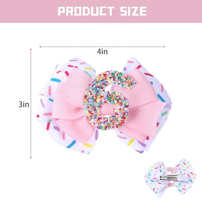 2pcs Birthday Hair Bow for Baby Girls, Sprinkle Confetti 6th Birthday Decorations for Girls, Ice Cream Party Theme Bow Clips for Baby Girls Pink Hair, Happy 6th Birthday Girl Hair Bow Clips