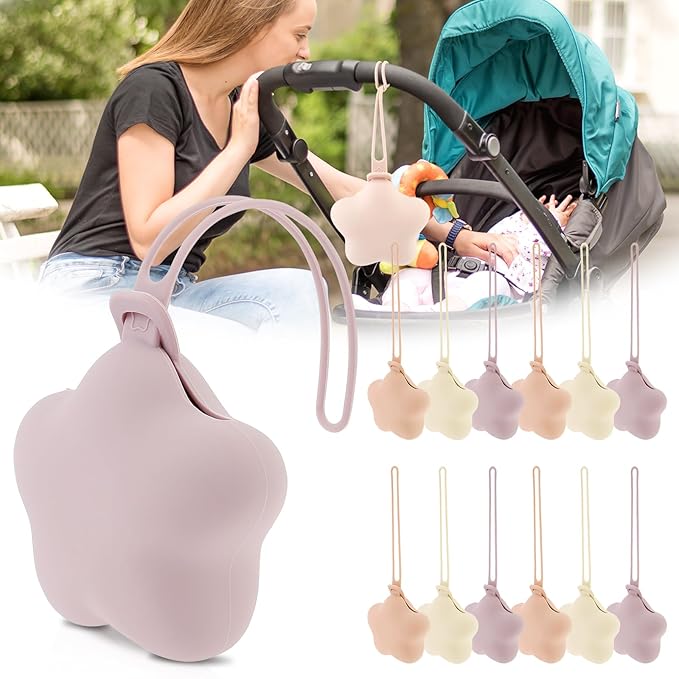12 Pack Silicone Pacifier Holder Case, Safe and Soft Material, Pacifier Pouch Portable Pacifier Case with Stretchy Lanyard, Protective Pacifier Storage Case for Diaper Bag Stroller Travel