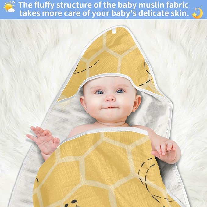 Honey Bees Baby Boys Girls Bath Towel Yellow Bumblebee Beehive Hooded Towels Newborn Toddlers Organic Cotton Washcloths Shower Beach Towel 30 x 30 Inch
