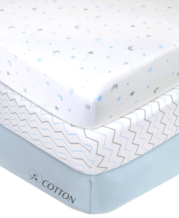 American Baby Company 3 Pack 100% Natural Cotton Fitted Pack and Play Sheets 39" x 27" - Soft & Breathable Pack N Play Sheets for Playard & Mini Crib Mattress, Blue Star/Zigzag, for Boys & Girls