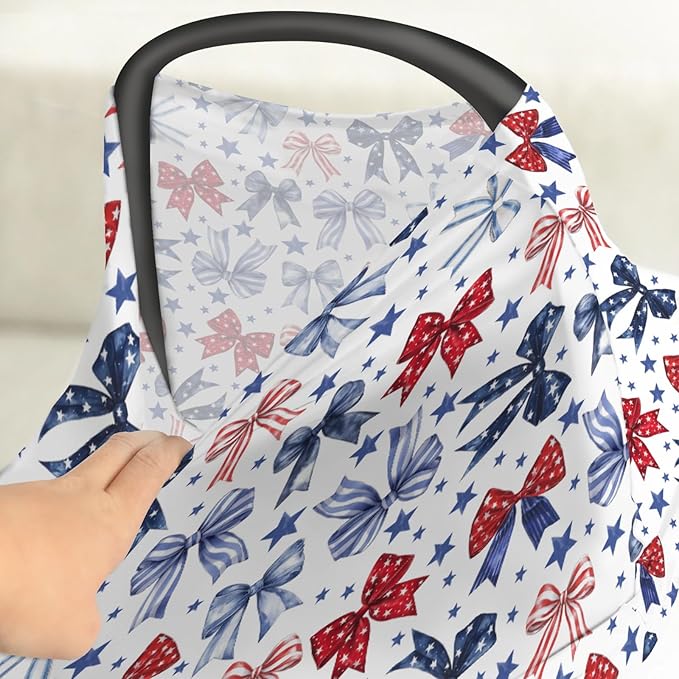 Red White & Blue Bows Baby Car Seat Covers Patriotic Ribbons Stars Stretchy 5-in-1 Cover Adjustable Car Canopy Cover Cute 4th of July Party Breathable Nursing Cover-Up