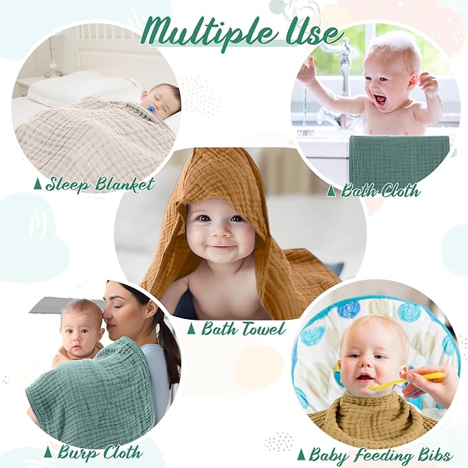 VitalCozy 8 Pcs Baby Muslin Hooded Bath Towels and Washcloths Muslin Cotton Hooded Baby Towels Absorbent Blankets for Gift Newborn Infant Shower (32 x 32 Inch,Nature Colors)