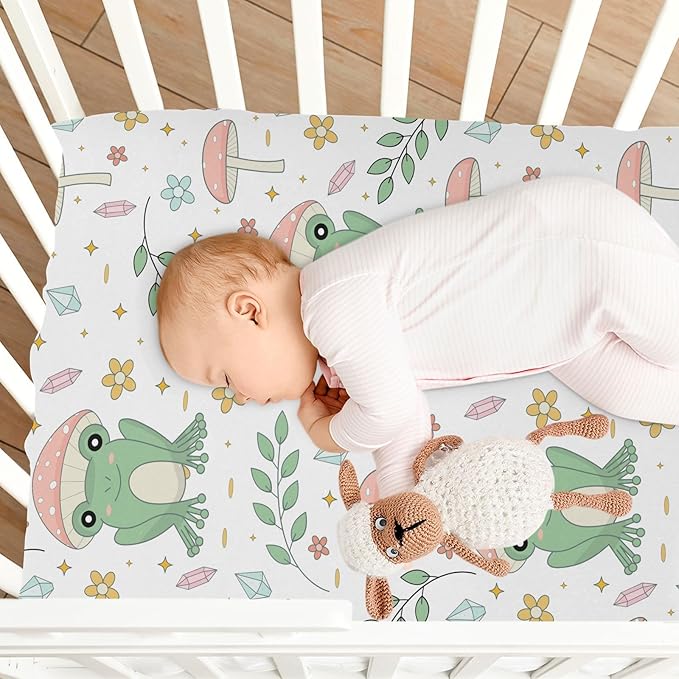 Fitted Crib Sheets Cute Frog Mushrooms Leaves Stretchy Portable Playard Sheets for Baby Toddler, Breathable Soft Mini Crib Mattress 39 x 27 in for Boys and Girls