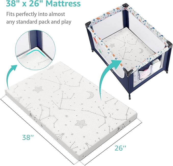 YENING Breathable Pack and Play Mattress Pad 38x26 Waterproof Baby Mattress for Pack N Play Matress Topper Waterproof with Strap