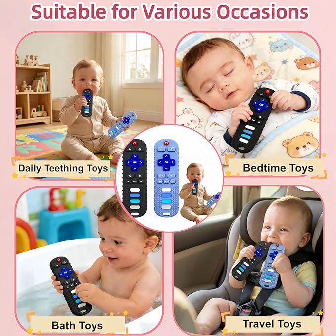 2Pcs Baby Teething Toys, BPA-Free Food Grade Silicone Baby Remote Control Teething Toy for 3-18 Months, Baby Remote Teether, Newborn Teething Relief TV Remote Shaped Toy (Black&Blue)