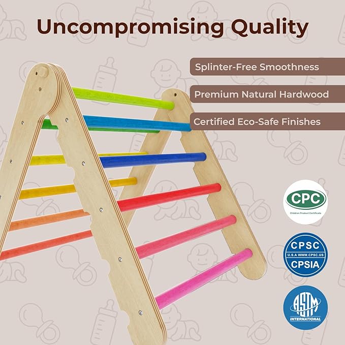 LINKHOO Pikler Triangle Set of 3, Wooden Montessori Climbing Set for Toddlers Ages 2-6, Indoor Jungle Gyms with Arch, Ramp and Ladder, Rainbow