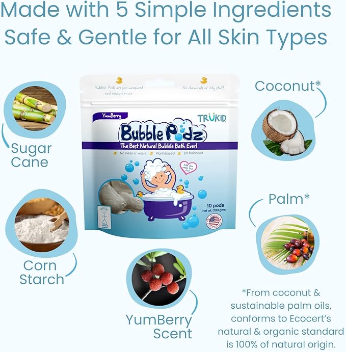 TruKid Bubble Podz Bubble Bath for Kids, Toddlers, & Babies, Tear Free Gentle & Refreshing Bath Bomb for Sensitive Skin with Natural Moisturizers, Non-Toxic, pH Balanced, Yumberry Scent (10 Podz)