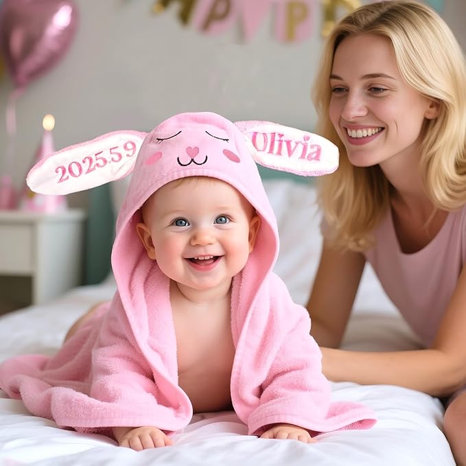 Custom Hooded Bath Towel with Name, Personalized Highly Absorbent Bunny Towels, Baby Bath Towels for Girls Boys, Brithday for Baby, Toddler, Newborn (Pink-Bunny)