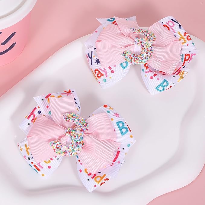 2pc Glitter 3rd Birthday Party Gift Hair Bows 3.5" Cute Sparkly Happy Birthday Ribbon Hair Clips Sprinkle Confetti Bow Hair Barrettes Dress Decor Accessory for Teens Toddler Girls Kids