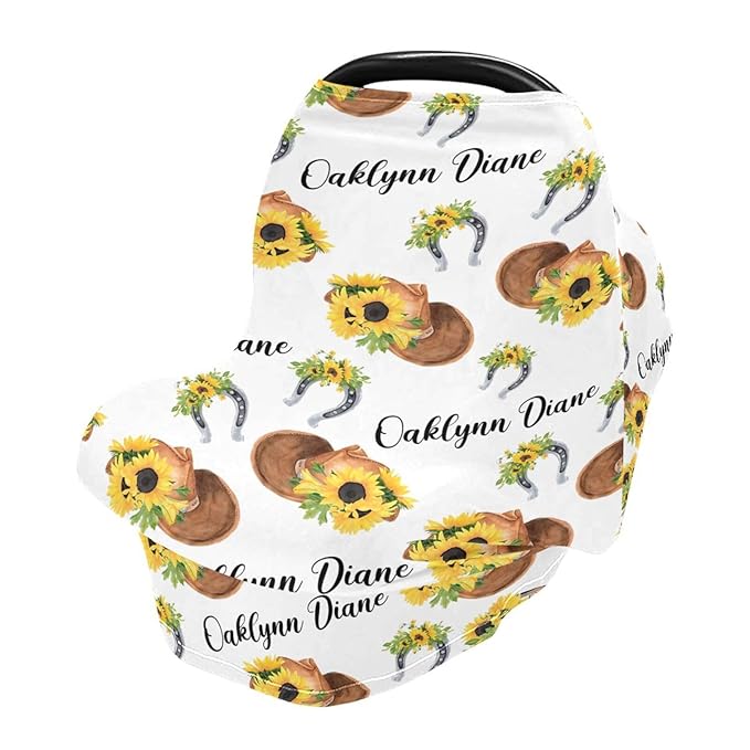 Personalized Baby Car Seat Cover for Baby Girls, Custom Nursing Covers for Breastfeeding with Name, Sunflower Cowgirl Infant Stroller Cover, Baby Newborn Carseat Canopy, Multiuse Car Seat Canopies