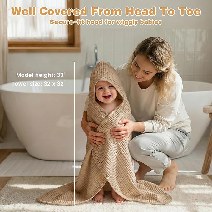 Hooded Baby Bath Towels for Newborn, 2 Pack - 6-Layer 100% Muslin Cotton, Soft Absorbent Baby Towels with Hood for Babies, Infants & Toddlers, Large 32x32 Inch Unisex Newborn Baby Bath Essentials