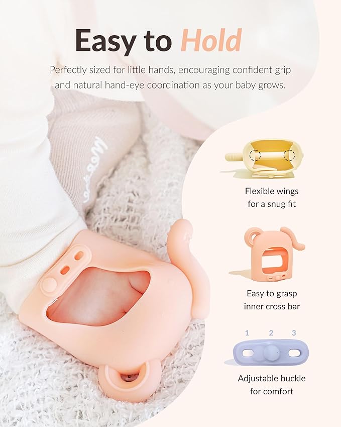 Moyuum Silicone Elephant Grip Hand Teether Toy | Made in Korea, Provides Teething Relief, Wearable Teether is Easy to Hold, Drop Resistant with Adjustable Wrist Strap, Babies 3+ Months, Blue