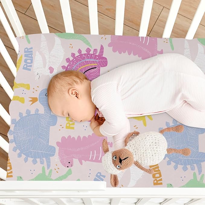 Fitted Crib Sheets Pink Cute Dinosaurs Stretchy Portable Playard Sheets for Baby Toddler, Breathable Soft Mini Crib Mattress 52 x 28 in for Boys and Girls