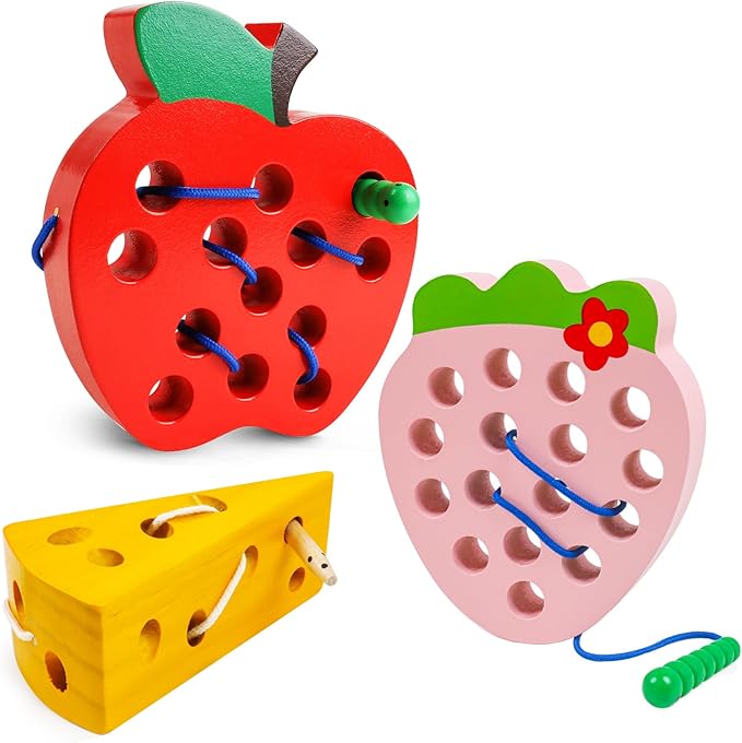 Wooden Lacing Toys for Toddlers,Toddler Travel Toys Car Plane Games Toys Montessori Educational Learning Fine Motor Skills for Boys Girls Ages 3+(3 Pack Threading Toys)