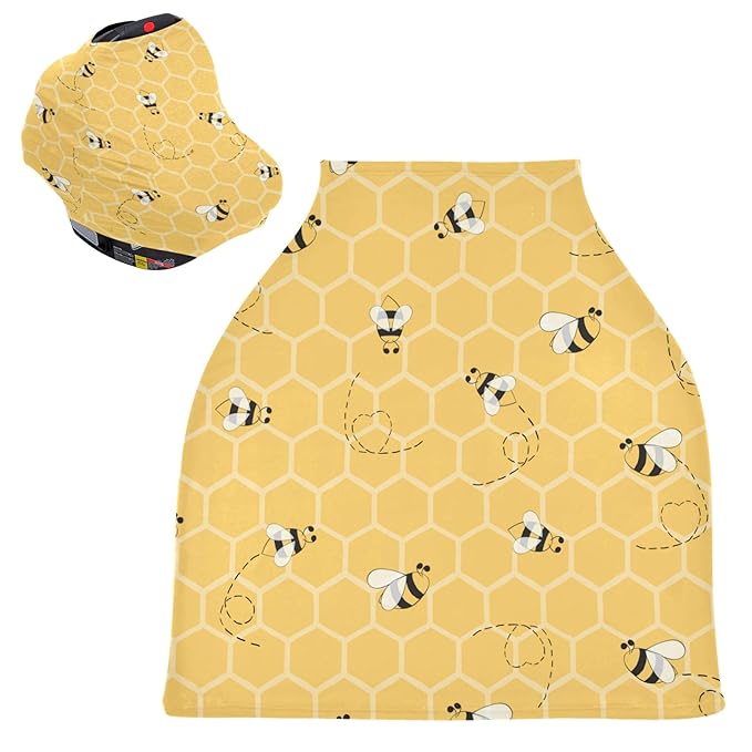 Cute Bee On Honey Yellow Honeycomb Pattern Stretchy Baby Car Seat Cover Infant Canopy Nursing Covers Breastfeeding Cover Breathable Windproof Winter Scarf for Boys Girls