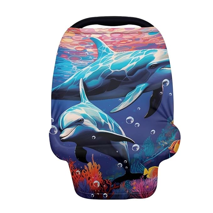 Forchrinse Underwater Dolphin Nursing Breastfeeding Cover,Multi-Use Baby Car Seat Cover Carseat Canopy High Chair Cover Stroller Cover for Infant and Baby