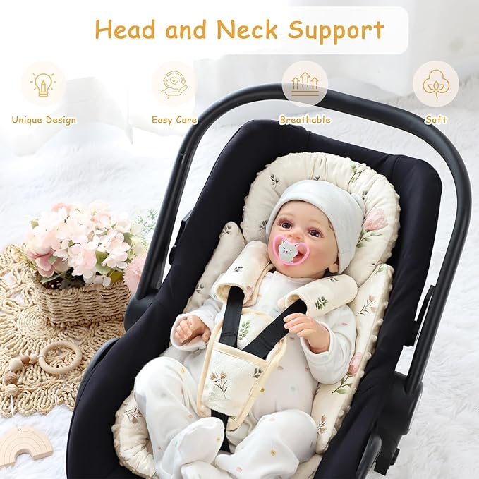 SWESEN Infant Car Seat Insert with 3 Strap Covers Set, Car Seat Head Support Baby for Girls, Soft 3 in 1 Baby Car Seat Cushion for Strollers, Bouncers, Swing, Simple Floral
