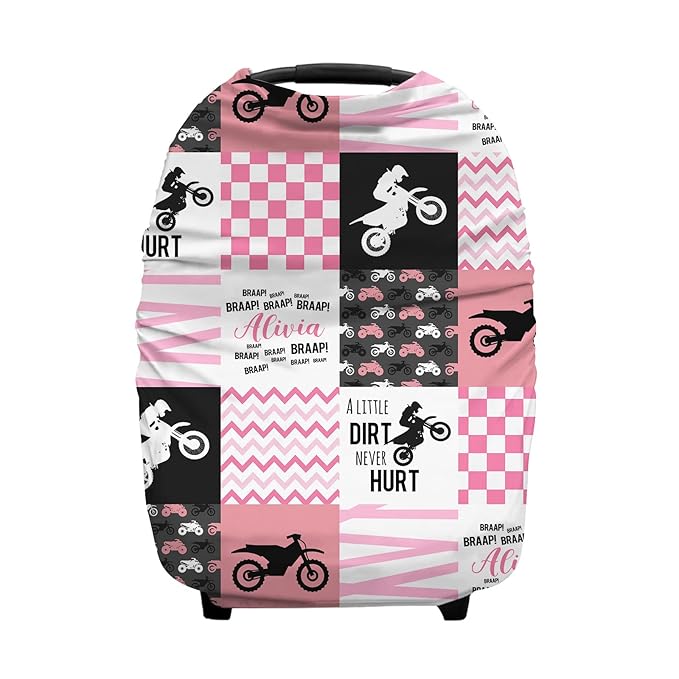 Personalized Baby Car Seat Cover for Boys Girls, Custom Nursing Covers for Breastfeeding with Name, Infant Stroller Cover, Baby Carseat Canopy for Newborn, Multiuse Car Seat Canopies, Dirt Bike Pink