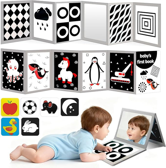High Contrast Baby Flashcards with Black and White Tummy time Mirror Books, Newborn Brain Development Toys for 0-6 Months Baby as Infants Easter Gift