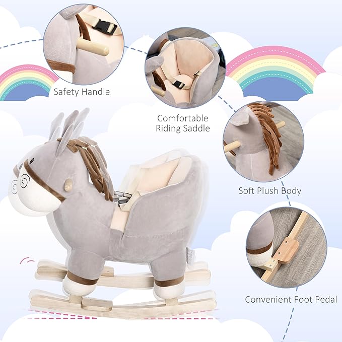 Qaba Kids Rocking Chair, Plush Ride On Rocking Horse Donkey with Sound, Wood Base Seat, Safety Belt, Baby Toddler Rocker Toy for 18-36 Months, Gray